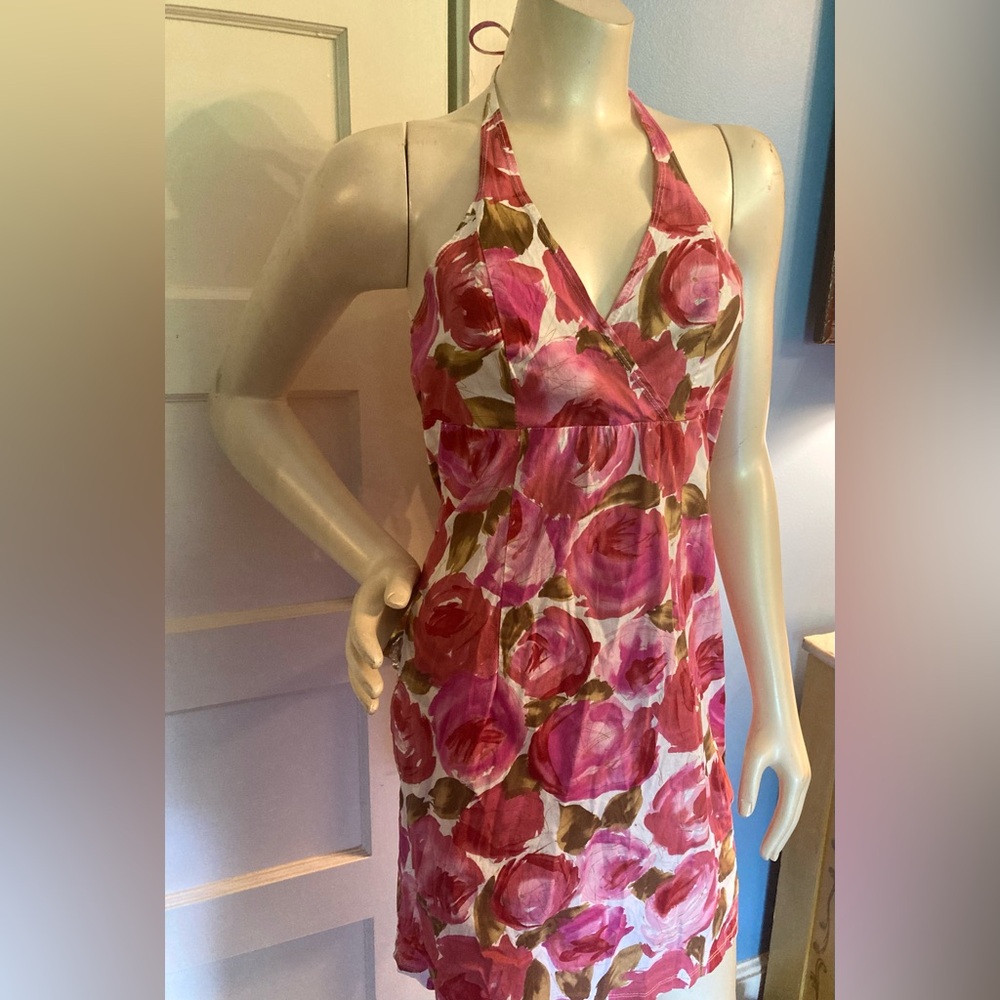 Vintage Y2K Rose Floral Print Halter Top Dress, Size Small